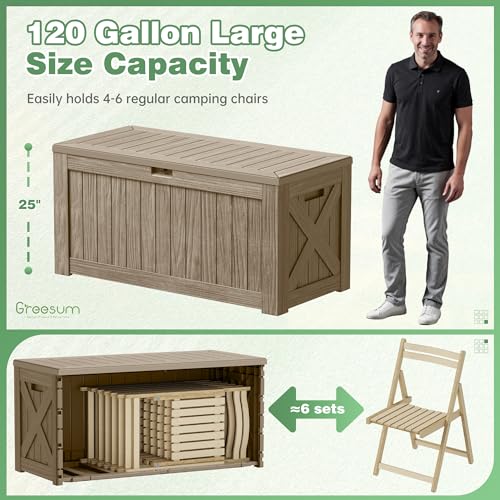 Image of Greesum Outdoor Storage Box 120 Gallon Storage Bin with Lid for Patio Furniture, Garden Tools, Pool Supplies, Lockable, Waterproof and UV Resistant, Coffee