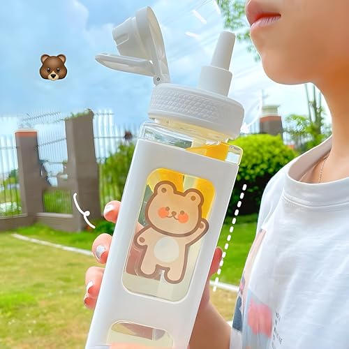 Image of Kawaii Water Bottle with Straw and Lid, 700ml /23.6OZ Cute Water Bottles BPA-free & Leak Proof Square School Drinking Bottle, Cute Plastic Color School Water Bottle for Girls (White)