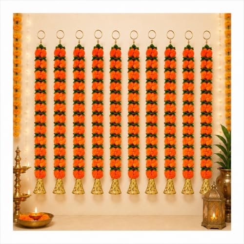 Image of Bindian Artificial Marigold Flower Toran 2.5 Ft Orange with Leaf & Bells | Decorative Bandanwar for Diwali, Pooja, Wedding, Festival, Home Entrance & Wall Decoration (Pack of 10)