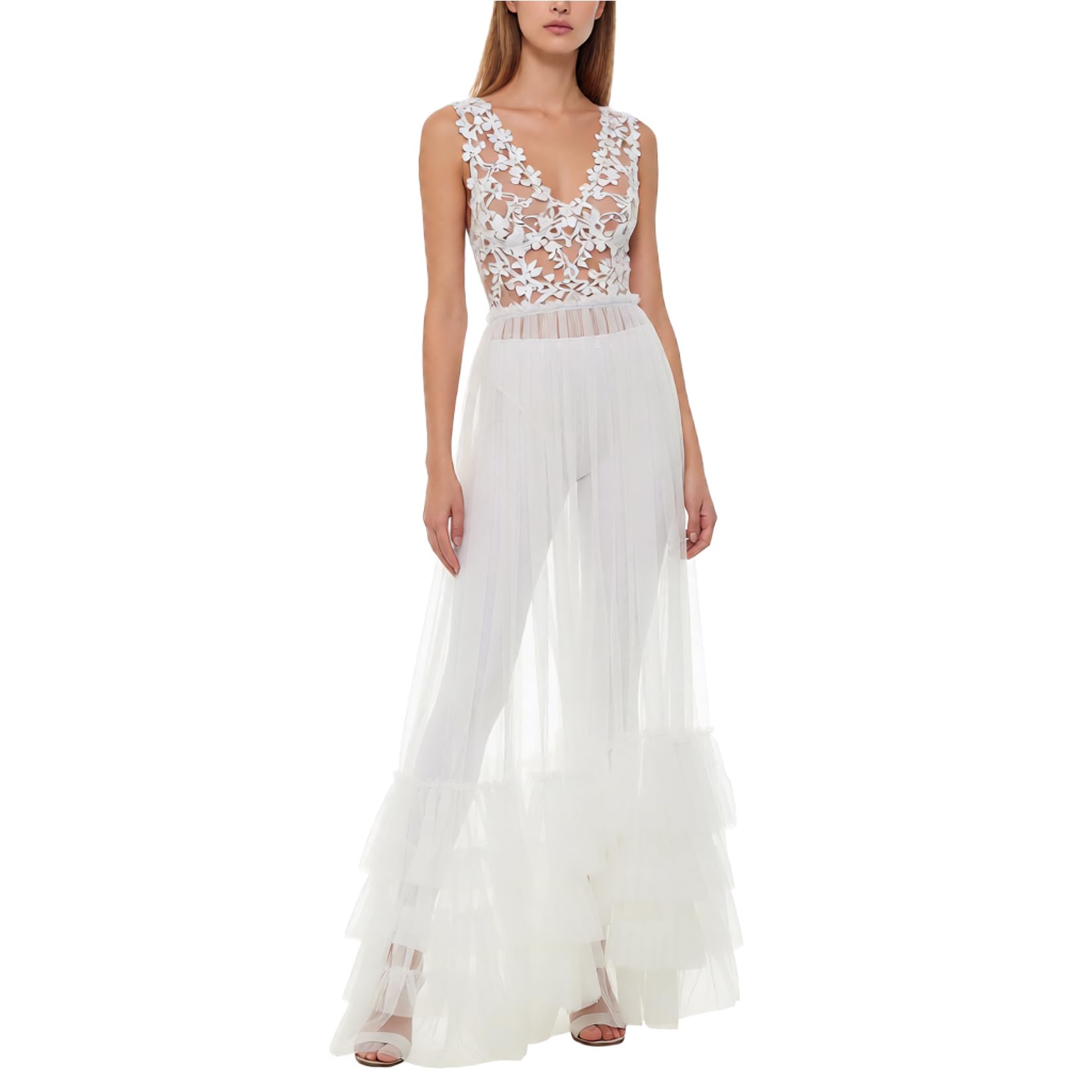 BPURB Women High Waist Sheer Mesh Ruffle Tiered Maxi Skirt See-Through Wedding Party Prom Beach Tulle Tutu Long Skirt Cover-Up White