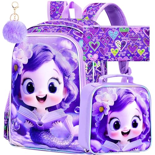 Image of AGSDON 3PCS Mermaid Backpack for Girls, 16 inch Kids Backpacks Water Resistant with Lunch Box, Bookbag for Elementary Preschool