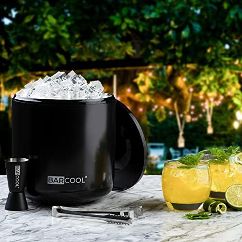 Barcool Ice Bucket with Lid and Ice Tongs | 4 Litre | Round & Double Walled Insulation | Perfect for Home Bars, Pubs, Restaurants, BBQs and Picnics (Black)