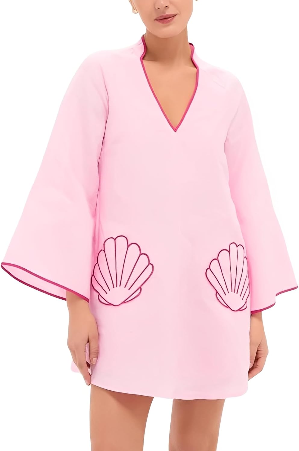 VAOYIU Women's Loose Fit V-Neck Shell Embroidery Mini Dress Casual 3/4 Sleeves Babydoll Skirts Summer Beach Cover Up