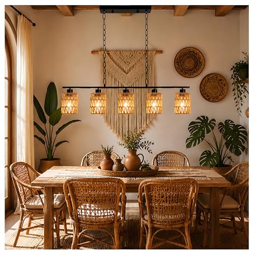 Suspension Rotin Noir 5 Flammes E27 Longueur 100cm