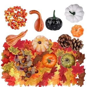 Artificial Pumpkins Decorations Set,150P Autumn Home Decor Artificial Fall Maple Leaves,Small Acorns,Pine Cone,Gourds,Pumpkin for Autumn Thanksgiving Decor,Halloween,Fall,Home Harvest Table Decoration