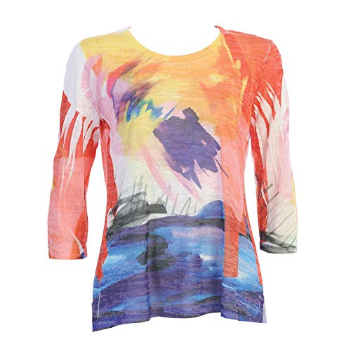 Jess & Jane Abstract Print Crew Neck Side Slit Burnout Top - 44 (Large, Monet)