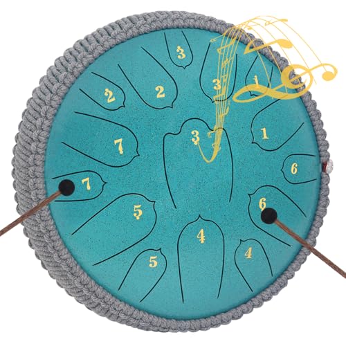 Steel Tongue Drum 12 Inches 15 Notes Musical Instruments, D Major Percussion Instrument with Soft Bag, Music Book and 2 Mallets for Meditation (green)