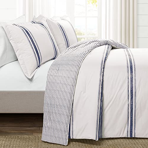Juego de edredón matrimonial azul marino de 3 piezas con fundas de almohada de rayas 3