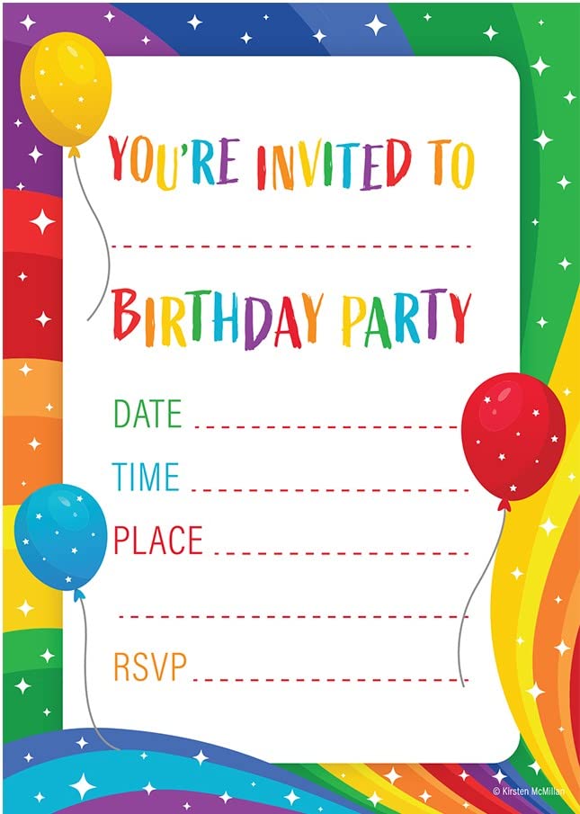 Kirsten McMillan 32 Rainbow Birthday Party Invitations with Envelopes - Pack of 32 A6 Kids Invites for Boys and Girls - Designed and Printed in the UK