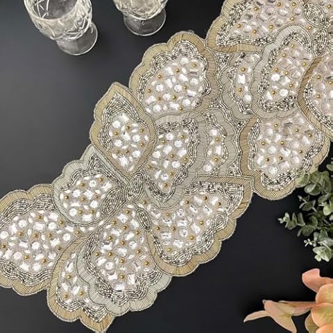 Enliven Handmade Bead Table Runner, Beaded Runner, Butterfly, Silver and Gold, 13x36inch Cover
