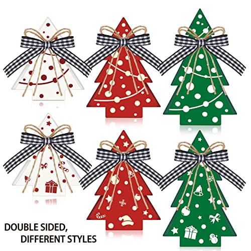 3 Pcs Christmas Tree Tiered Tray Decor Wood Christmas Tree Decorations For Home Wooden Firework Christmas Tree Rustic Decor Christmas Centerpieces With Buffalo Plaid Bow Wooden Table Decoration (Tree) #TOP1