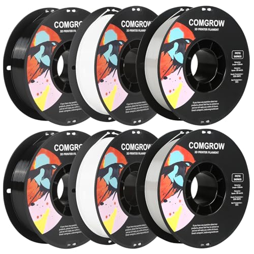 Image of Comgrow PETG 3D Printer Filament 1.75mm, High Precision and Tough 3D Printer Filament 6 Rolls*1kg, Dimensional Accuracy + /- 0.02 mm, Fit Most 3D Printers White+Black+Grey