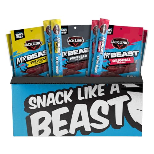 Jack Link’s x MrBeast Beef Jerky Variety Box, As Seen on Beast Games, Made with 100% Real Beef, Jerky Bags, Beef Sticks, Pantry-Ready Snacks, 9 Count Variety Pack