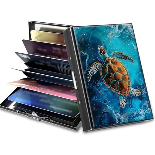 Slim Credit Card Holder, Blue Ocean Turtle RFID Blocking Metal Wallet for Men & Women, Aluminum Minimalist Hard Case Pocket-Sized Business Cards Organizer (Fits Up to 10 Cards)