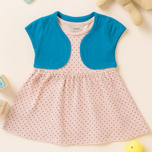 Image of Kidbea Baby Girls' Floral A-Line Frock with Shrug | Cotton Casual Wear, Printed Dress for Infant Kids (Peach, 6-12 Months)