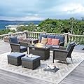 Brafab Outdoor Patio Furniture Set with 44" Gas Fire Pit Table - PE Wicker Patio Conversation Sets Cushioned Seat Couch - 7 Seats Outdoor Sectional Chair Sofa Set for Yard Garden Porch, Blue