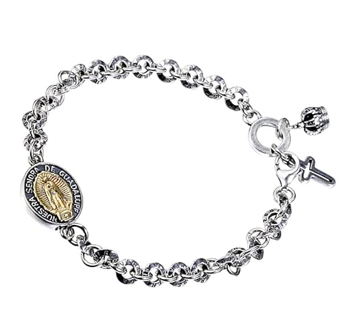 Solid 925 Sterling Silver Chain Bracelet, Virgin Mary Link Chain Couple Bracelet Christian Jewelry With Crown And Cross Charms, Silver, Gold #TOP8
