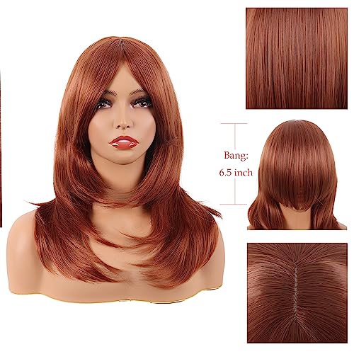 Image of MapofBeauty 20 Inch Long Layered Bangs Straight Party Wig, Ginger Orange | Shoulder Length Hair, 50 cm Wig, Synthetic fiber, Daily Use