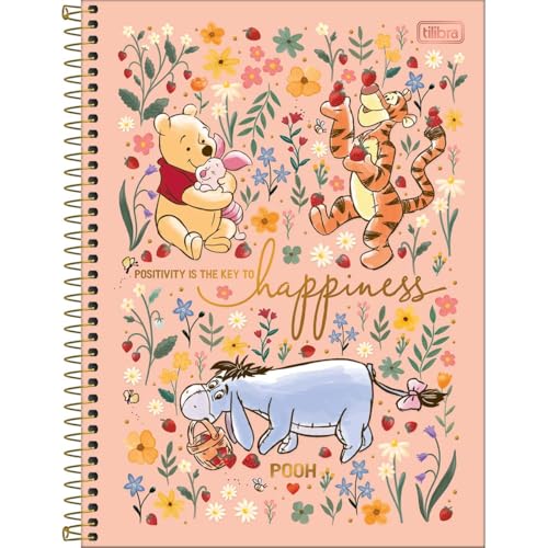 Tilibra - Caderno Espiral Capa Dura Universitário Connect 10 Matérias Pooh 160 Folhas - Fundo Rosa - Happiness