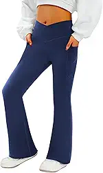 Calça feminina flare Yogo com bolsos - V Crossover cintura alta bootcut leggings para ioga flare treino academia leggings