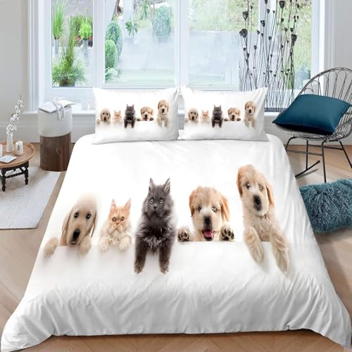 Funda Nordica Cama 90 Gato y Perro Ropa de Cama 3D Patrones de Mascotas 3 Piezas Suave Transpirable Microfibra Funda Nórdica 135x200 cm y 2 Fundas de Almohada 50x75 cm J-2438