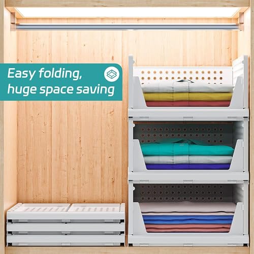 Image of RAYMOX Polypropylene 4 Pieces Wardrobe Organizer for Storage | Foldable & Stackable Closet Basket | Cupboard Organizer for Clothes | Space Saver for Kitchen (White)