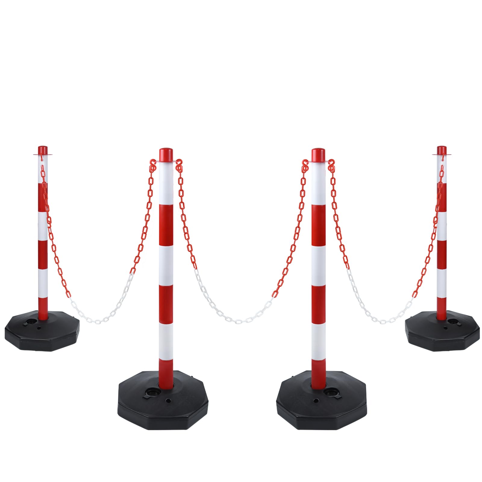 Aufun 4 Stück Absperrpfosten 82x28x28 cm Kettenpfosten aus Kunststoff Absperrung Sperrpfosten mit 1,4 m Absperrketten und Standfuß für die Verkehrskontrolle oder Warnung an der Auffahrt, Garage, dem