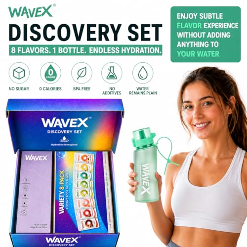 Image of WaveX Scented Water Bottle + 8 Aroma Scent Pods (Cola, Strawberry, Honey Peach, Energy Drink, Green Apple, Mint, Lemon, Orange Vanilla), Flip Top Lid, Straw & Carry Strap Included (Sea Glass Green)