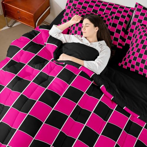 Image of Erosebridal 7 Pcs Hot Pink Black Grids Comforter Set Twin Geometric Checkered Bed in A Bag with Sheets for Kids Girls Teen Women Bedroom Decor,Aesthetics Plaid Bedding Soft Lightweight Bed Set