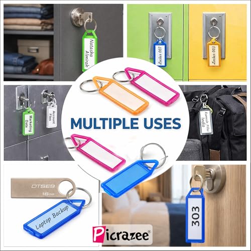 Image of Picrazee 50 Pcs Multicolor Key Tag Keychain with Name Label | Sketch Pen Included | Plastic Key Rings with ID Tags & Split Ring | Key Identifier Tags for Home Office Locker Bike (50)