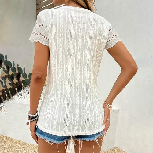 Loose Fit Shirts for Women Fall Summer Short Sleeve Boat Neck Cut Out Eyelet Plain Tops Shirt Blouse Women 20254