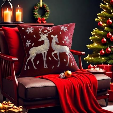 Bihoa Christmas Throw Pillow Covers 18x18 inch, Red Christmas Decor Winter Holiday Cushion Case Decoration for Home Sofa Couch and Car Cover