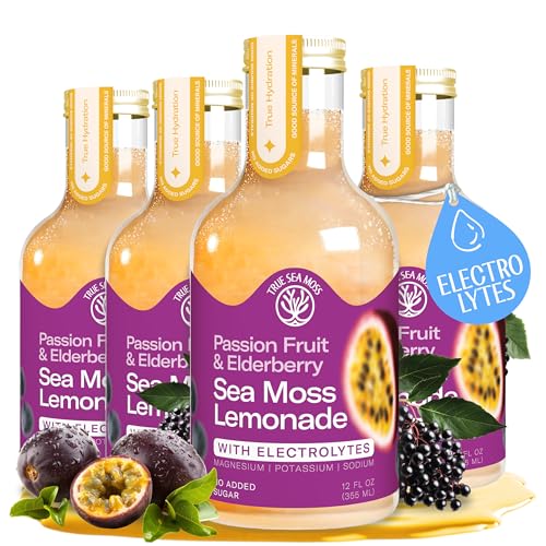Passion Fruit Elderberry Sea Moss Electrolyte Lemonade – Exotic Drink – No Added Sugar with Sea Moss &amp; Electrolytes – 4 x 12 fl oz Bottles