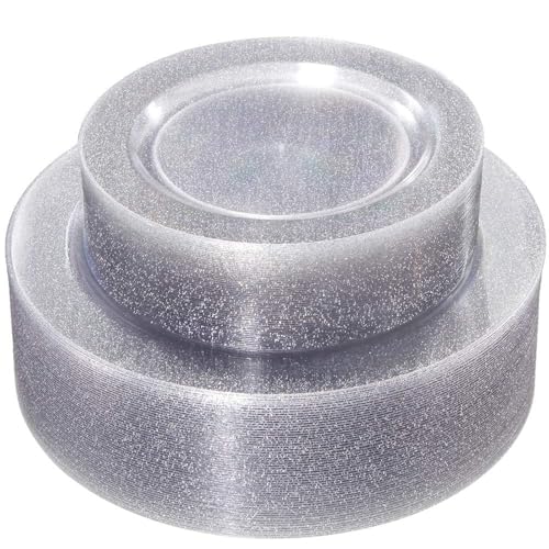 Image of WDF 120PCS Silver Plastic Plates- Disposable Silver Glitter Plates - 60Pcs 10.25 inch Dinner Plates and 60 Pcs 7.5 inch Salad Plates for Wedding /Birthday /Party