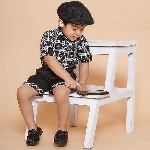 Image of AJ DEZINES Kids Cotton Blend Half Sleeve Shirt Shorts Suspender Cap Bow Tie Set For Boys