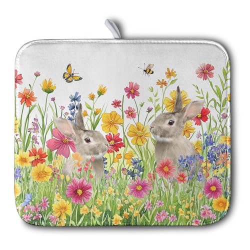 Easter Dish Drying Mat for Kitchen Counter Easter Bunny Flowers Dish Drying Pad Spring Rabbit Floral Dishes Drainer Mats Absorbent Microfiber Kitchen Countertop Protector Drying Mats 16x18 in