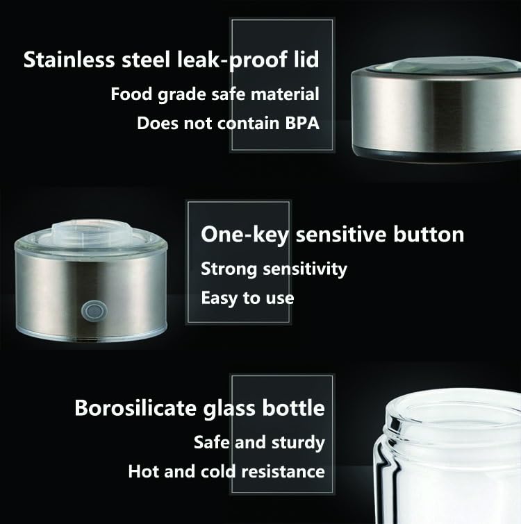 Hydrogen Water Bottle Portable Hydrogen-Rich Water Generator Ionizer 5 Minutes to Generate Hydrogen Concentration 1300-1600PPB High Borosilicate Glass Bottle 430ml
