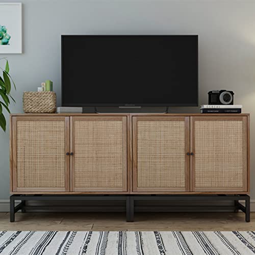 Rustic Buffet Sideboard With Natural Rattan Doors Set Of 2 Chic Accent Storage Cabinet Console Tables For Living Room Entryway Modern Wood Kitchen Sideboard With Black Metal Handles &Adjustable Shelf #TOP2