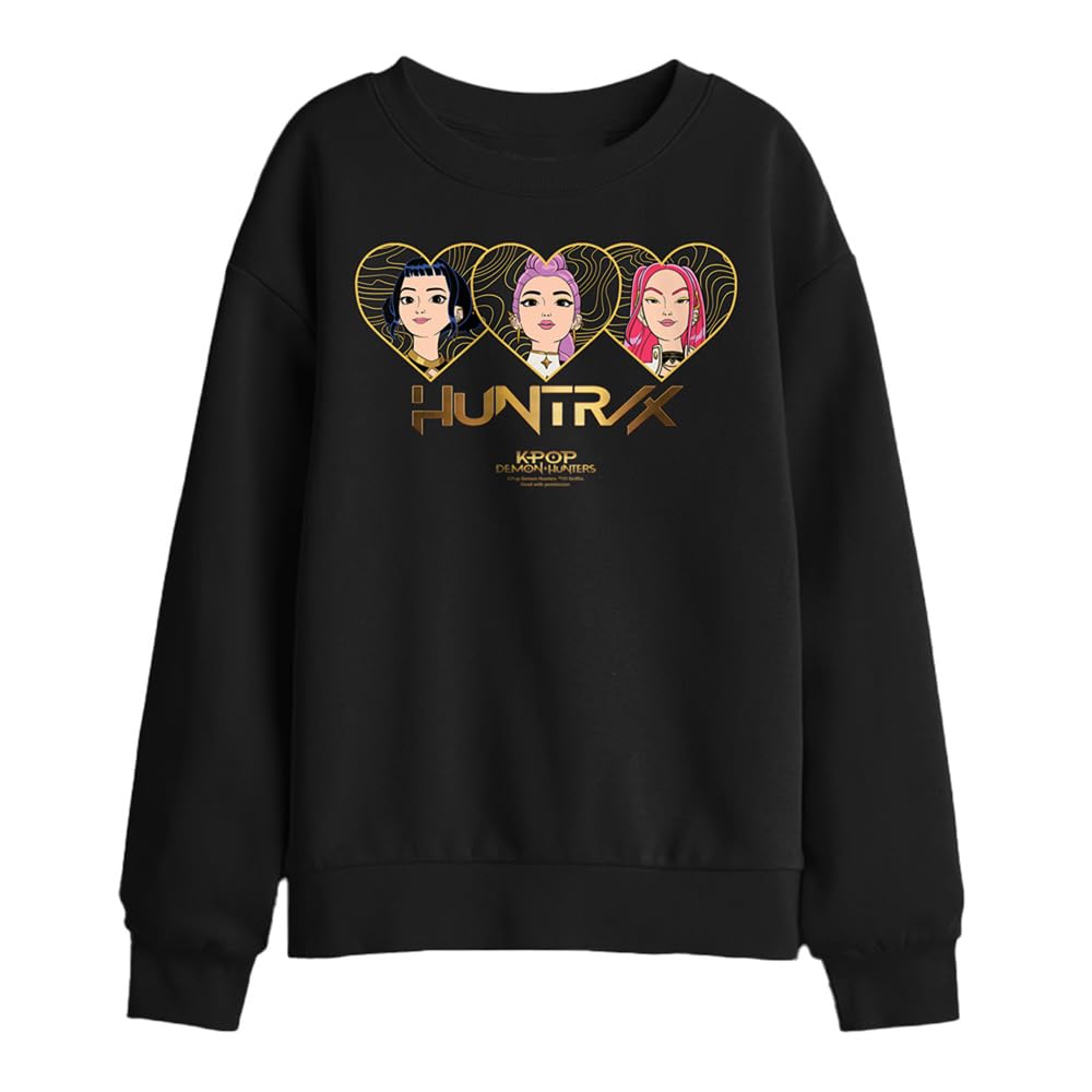 Kpop Demon Hunters Huntrix Golden Hearts Kids Sweatshirt, Black, 12-13Y