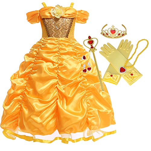 IWFREE Fille Robe de Princesse avec Bretelles Déguisement de La Belle et La Bête Cosplay Jupe ruché Tenue de Conte de fée pour Enfant Belle Cosplay Costume Cover