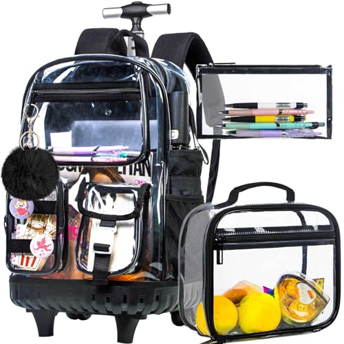 Rolling Clear Backpack for Women, Heavy Duty PVC Transparent Wheeled Bookbag, See Through School Bags with Wheels for Teens Elementary Travel - Black