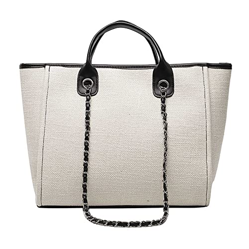 Women's canvas shoulder bag, large capacity handbag, single shoulder bag, handbag with chain (White)