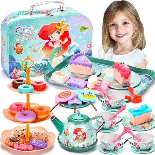 FAMKEEP 48PCS Juego de té Infantil, Juego de té Juguete con Postre Juguete, Accesorios Cocina Juguetes y Juegos de simulación de Cocina,Juguete Regalo para Niñas 3 4 5 6 7 años