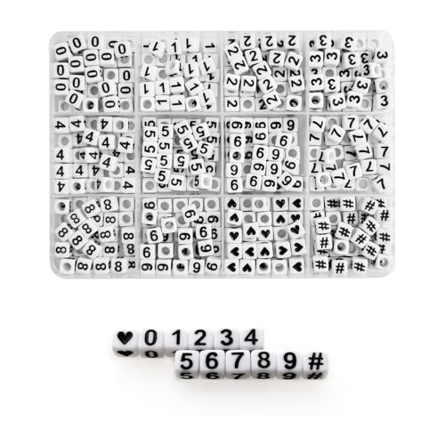 Image of Amaney 480pcs Square Number 0-9 Symbol # and Heart Beads 6x6mm White Acrylic Beads