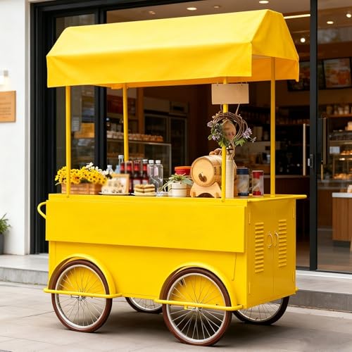 Carrito portátil para exteriores con toldo, carrito de alimentos móvil con ruedas, gran espacio de almacenamiento, ideal para alimentos callejeros, aperitivos y bebidas