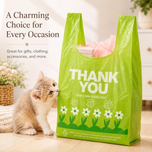 Image of YoYoRain 1000 Pack Green Thank You T-Shirt Bags with Handles, 11.5 inch x 6.25 inch x 21 inch, Reusable & Disposable Grocery Shopping Bags for Retail & Takeout