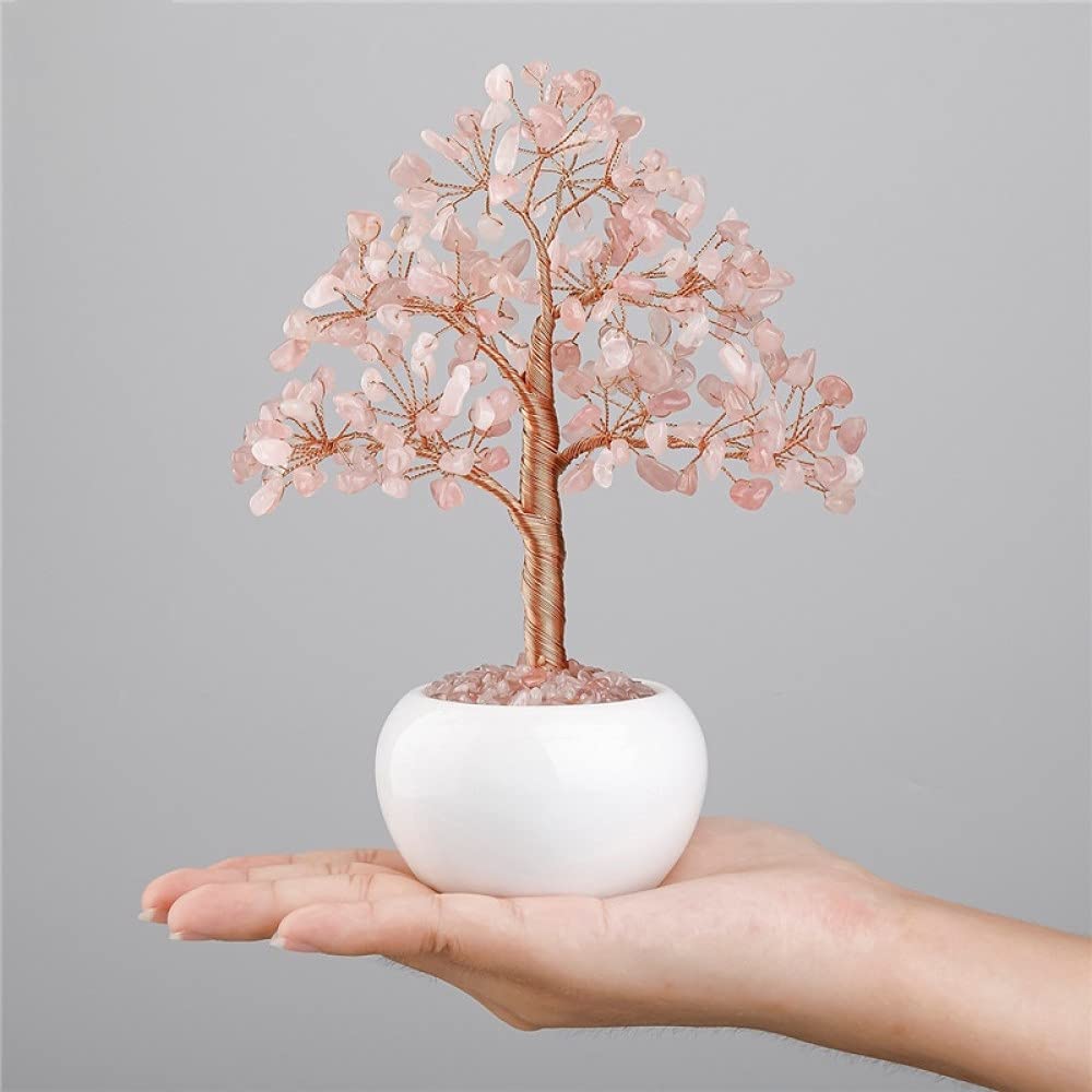 Bonsaï en quartz rose avec vase céramique pour décoration de bureau