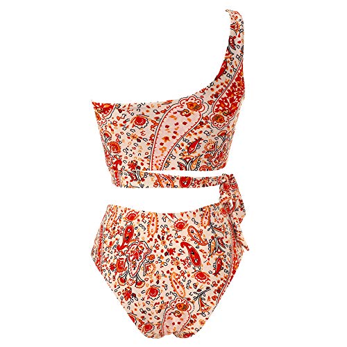 MOOSLOVER Women One Shoulder High Waisted Bikini Tie High Cut Two Piece Swimsuits(XL,Orange Flower) - Thumbnail 2