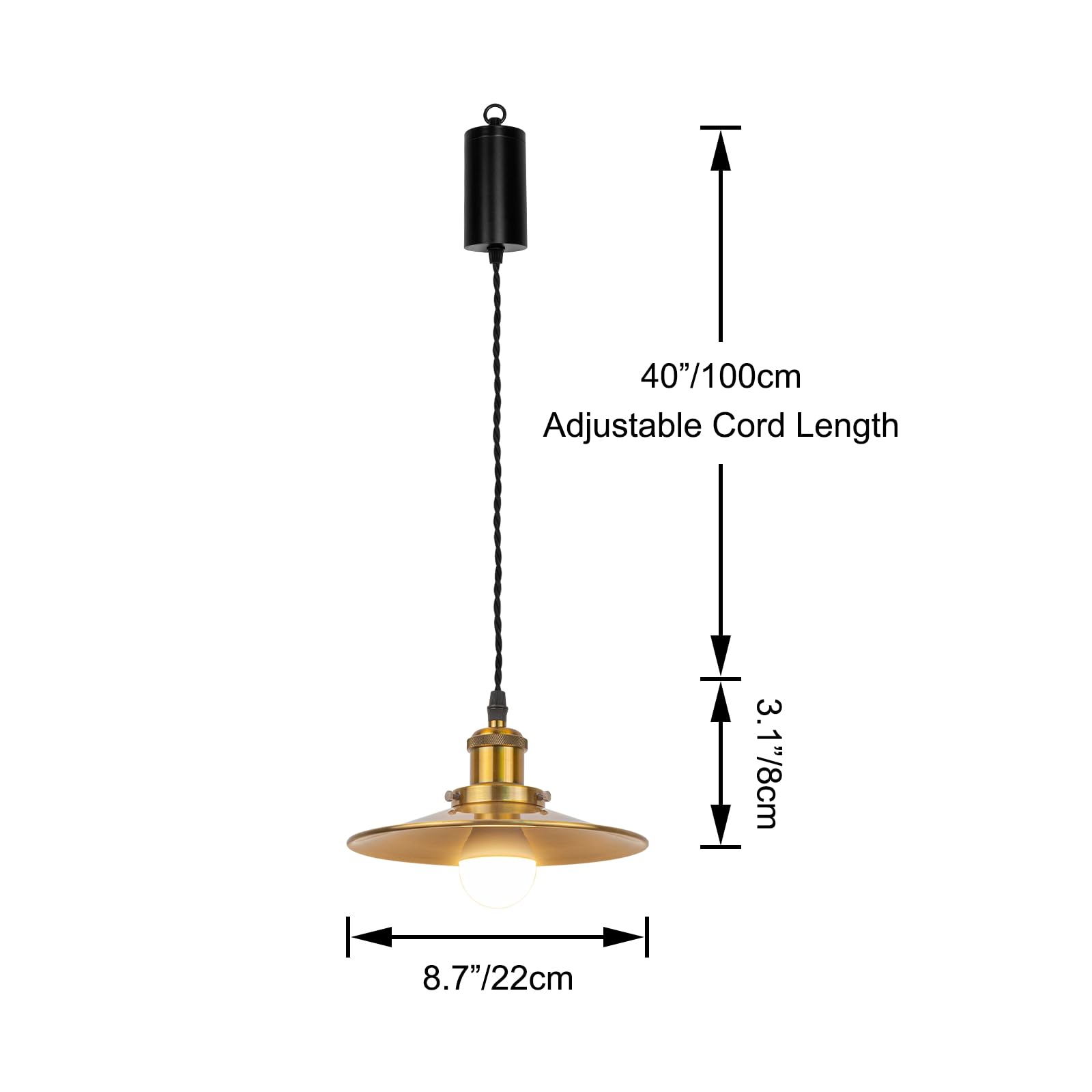 Dimmbare Hängelampe mit Batterie Innen,2er-Pack Gold Metall Hängeleuchte Batteriebetriebene Lampe, Pendelleuchte ohne Strom Stromanschluss für Küche Nachttischcafé,TB2773