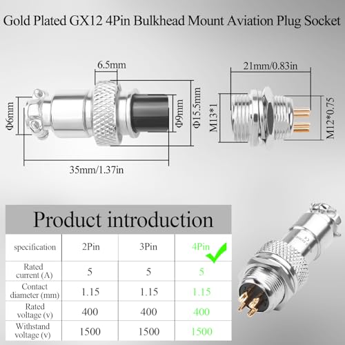 Conector aviación GX12 4 polos chapado en oro, pack x2 miniatura 4